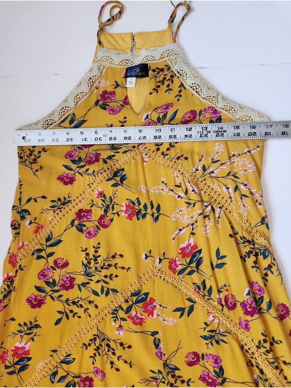 Blue Rain Floral Print Dress Small Yellow Lace Trim Sleeveless Summer Boho - Picture 14 of 16